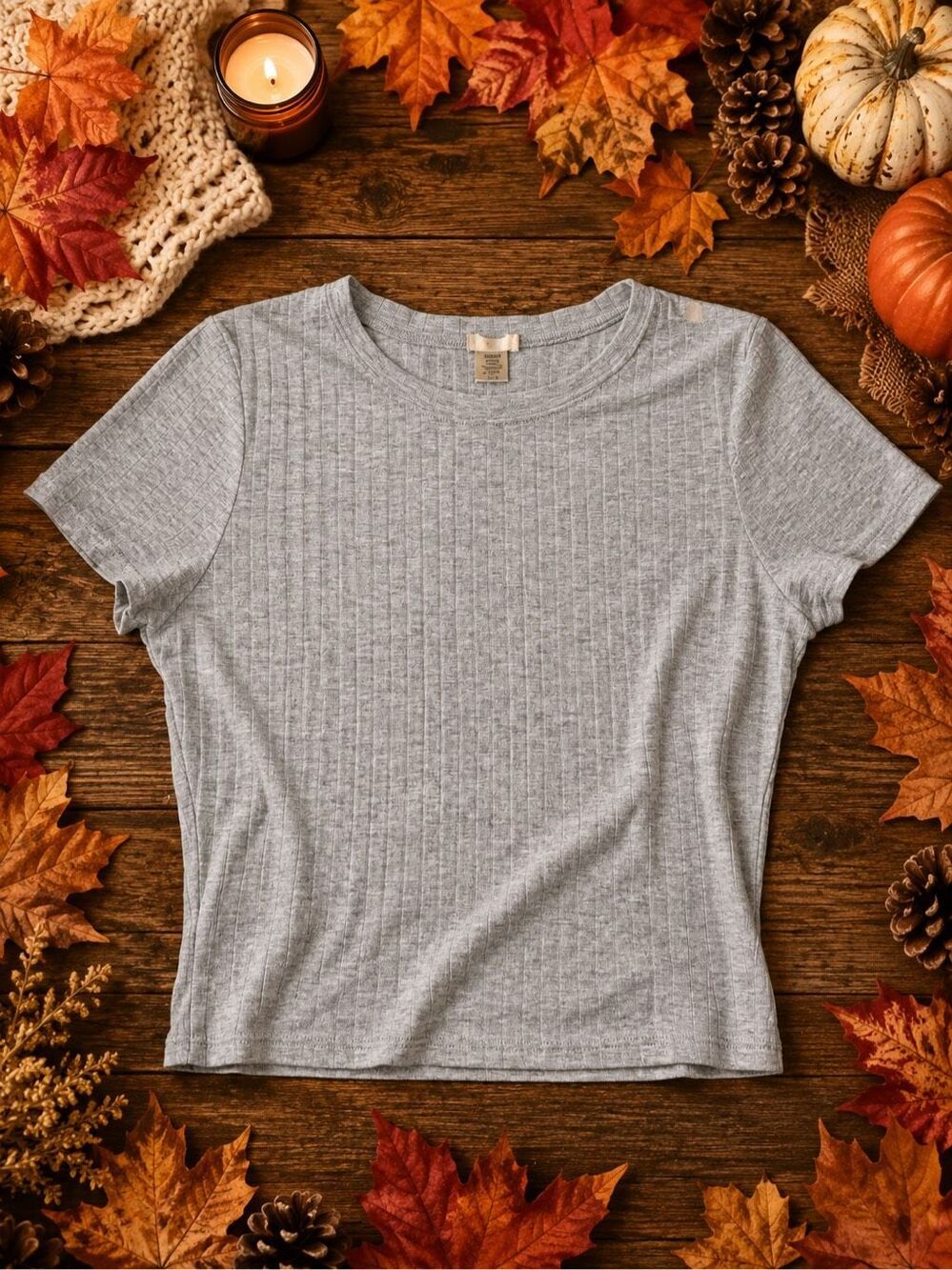 Heather Gray Ribbed Short Sleeve Fitted Crew Neck Tee Women’s Medium Basic Y2K T